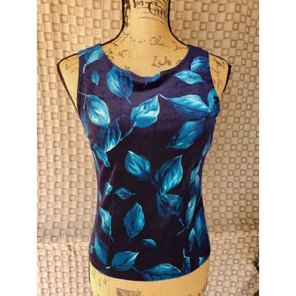Women's Sleeveless Blouse Velvet Blue Leaves Print Vintage Blouson Small - Picture 2 of 6